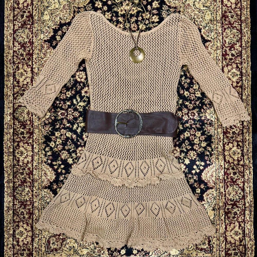 Bohemian Moda International Beige Crochet Mini Dress